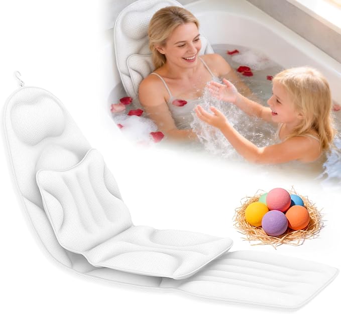 Deluxe Full Body Bath Pillow, 5D Bathtub Cushion - Stacking Cushions | Thickened Soft Relaxation Bathtub Pillow, Provides Support for The Neck, Back, and Shoulders— (Includes Bath Bombs)