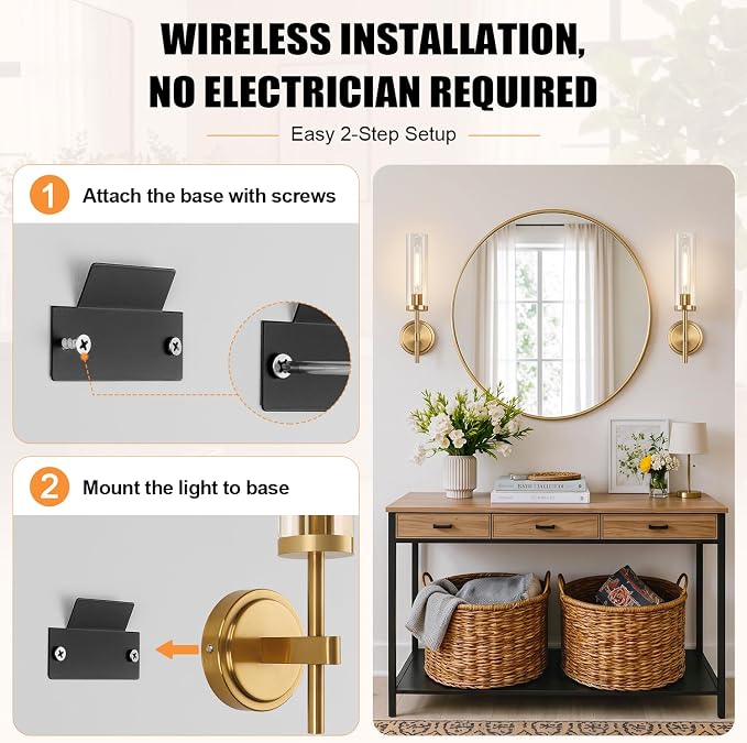 Battery Operated Wall Sconce Set of 2，Brushed Gold Wireless Rechargeable Wall Lighting Fixtures with Remote Control，Dimmable Wall Light for Bathroom ，Vanity, Living Room, Bedroom, Hallway, Stairway