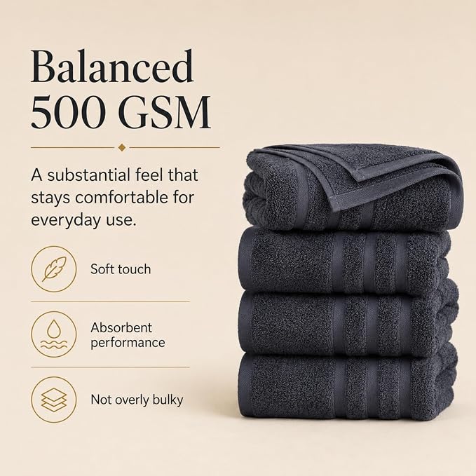 Velqora Bath Towels 4 Pack, 30x60 in, 100% Cotton, Soft, Multicolor | Gray, Light Gray, Sage Green & Beige Mix | Absorbent Terry | Balanced Weight | Easy Care