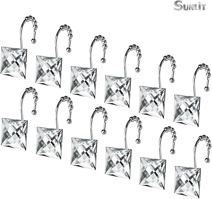 Sunlit Luxury Design Square Clear Diamond Crystal Gem Bling with Glide Balls Shower Curtain Hooks, Rust Proof Metal Rhinestones Glam Shower Curtain Rings-12 Pack