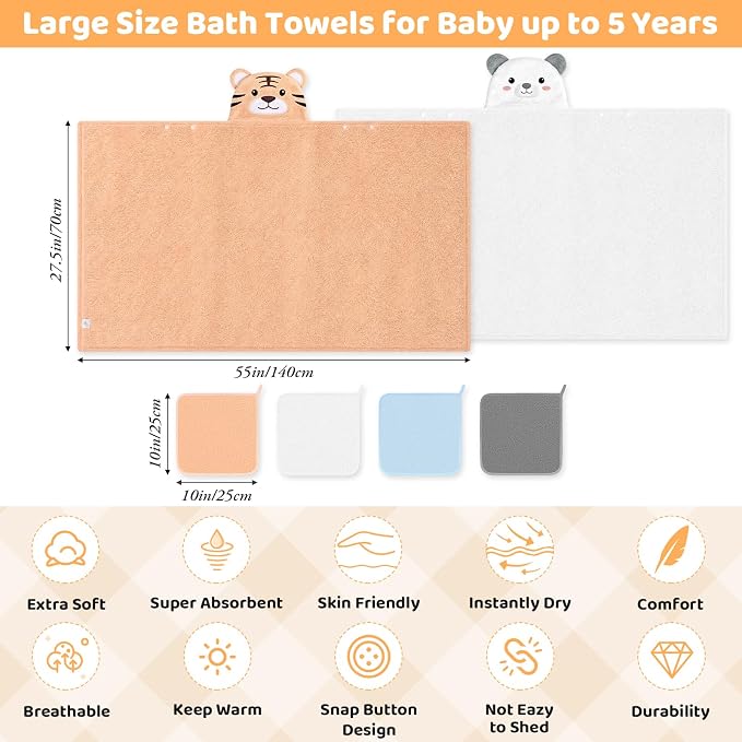 6 PCS Toddler Towels Set for Boy Girl 0-5 Year Essentials, White & Orange | Large Size 55"x27.5", 2 PCS Hooded Baby Bath Towels & 4 PCS Washcloths, Ultra Soft, Thick and Absorbent, Newborn Essentials