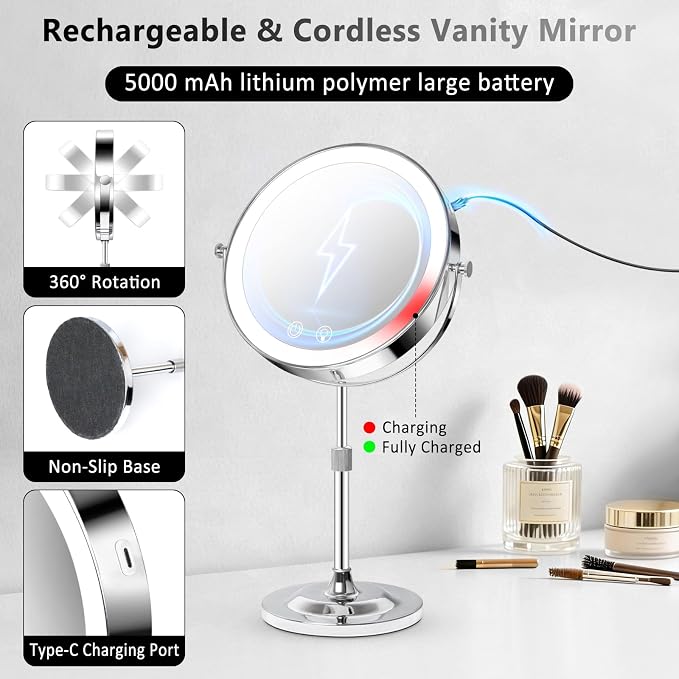 9" Makeup Mirror with Lights,5000mAh Rechargeable Vanity Mirror,1X/10X Double Sided Magnifying Mirror with Adjustable Height, 3 Colors Stepless Dimming Lighted Makeup Mirror,Women Gift