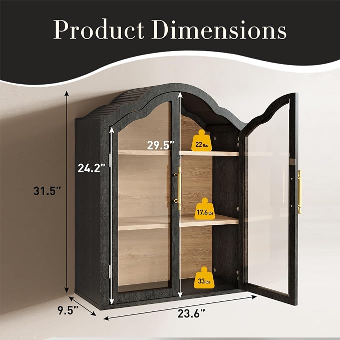 Arched Wall Cabinet Above Toilet Cabinet, 31.5×23.6 Inch Wall Mounted Cabinets with Tempered Glass Doors & Adjustable Shelves, Wood Organizer for Laundry Room, Kitchen, Bathroom (Black)