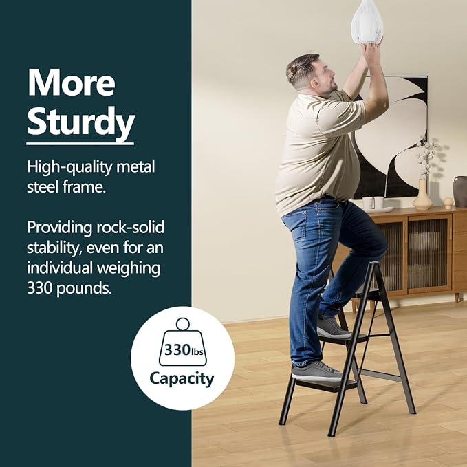 3 Step Foldable Step Stool, 330lbs Load, Black | Folded 36'' H x 2'' T; Net 9.9 lbs; Anti-Slip Feet Grip Wood, Tile, Carpet; Wide Pedals; For Kitchens, Closets.