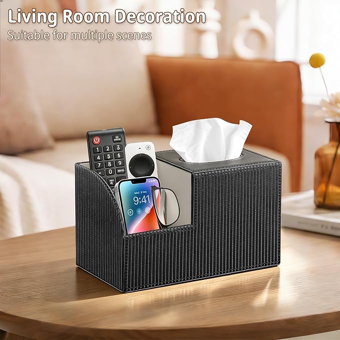 PU Leather Square Tissue Box Cover - Multi-Functional Tissue Box Holder, Tissue Box Cover with Storage,Tissue and Remote Control Holder, Cube Tissue Box Organizer Bedroom Nightstand End Table