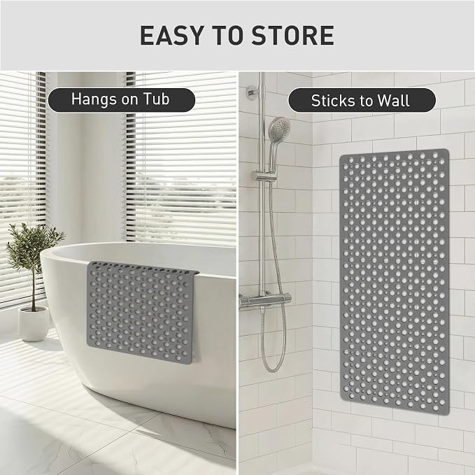 Shower Mat Non Slip Bath Mat for Tub - 35" x 16" Soft TPE Bathtub Mat Non Slip Shower Mats for Inside Shower, Anti Slip Shower Mat with Suction Cups, Quick-Drying Bath Tub Mat, Grey