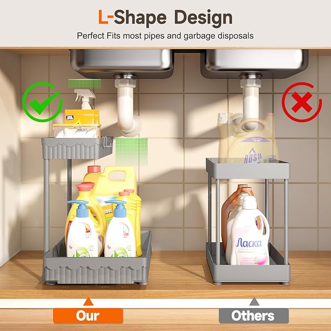 3-Pack 2-Tier L-Shaped Under Sink Organizers with Sliding Drawers | Multi-use kitchen & bathroom storage, 12.85 inch grey cabinet organizer, space-saving sliding drawer design.