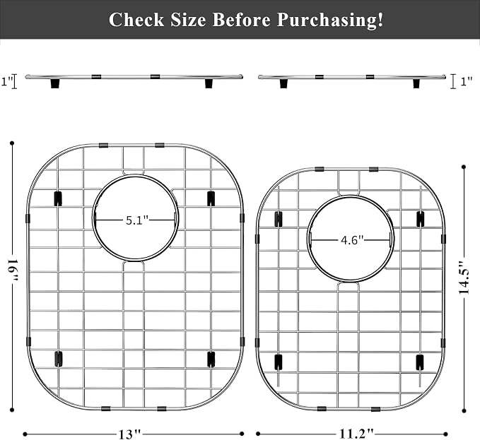 Orgneas Sink Protectors for Kitchen Sinks 13"x16" and 11.2"x14.5" | 304 Premium Stainless Steel Double Bowl Kitchen Sinks Bottom Grate Rack Grid, Centered Drain, 2 Pcs
