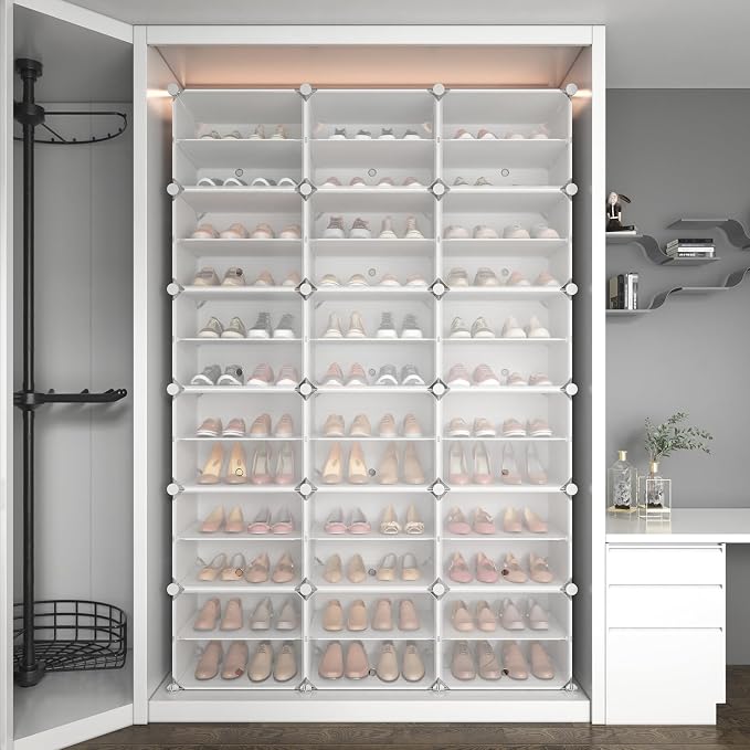ROJASOP Portable Shoe Rack Organizer with Door, 72 Pairs White Shoe Storage Cabine Covered Shoe Rack Shoe Organizer for Closet Entryway Garage Closed Shoe Rack Organizer Cabinet with Doors