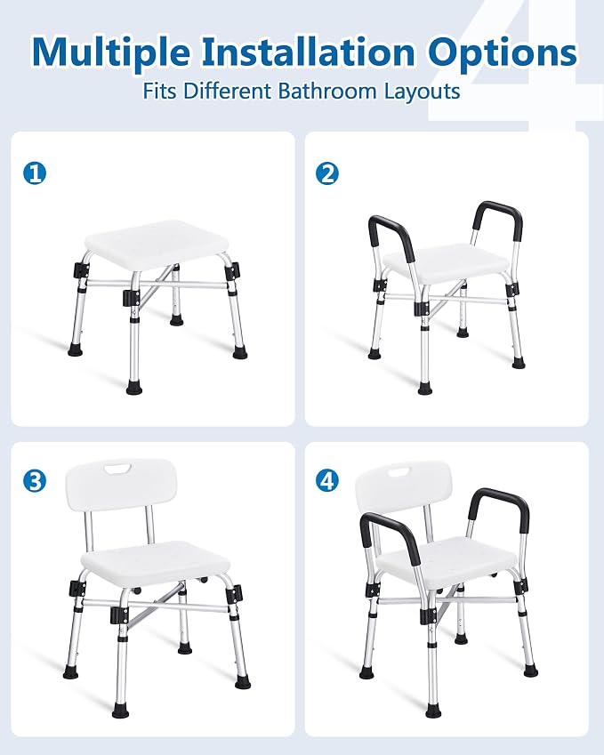 Shower Chair with Back and Arms, 400 lb Capacity | Reinforced Safety Bar, Non-Slip Bath Seat, For Elderly, Adults and Disabled Users