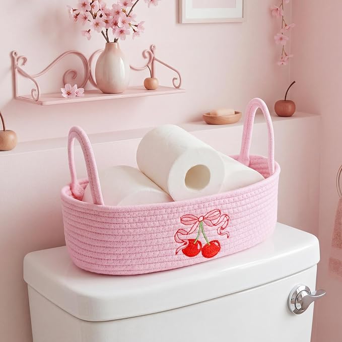 Vesici Cherry Basket Pink Cotton Rope Bathroom Organizer with Handles | Cherry Bow Embroidery, Toilet Paper Holder for Countertop Sink, Storage for Bathroom Essentials, Nursery Bedroom