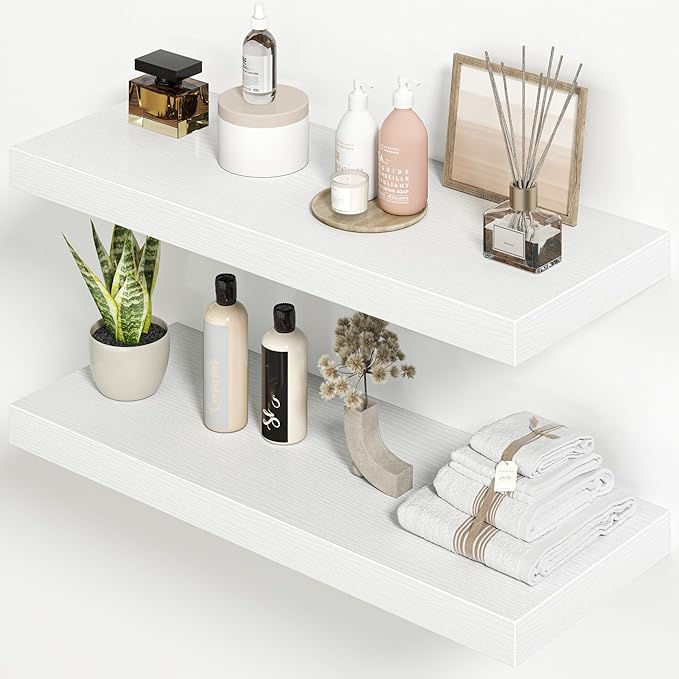 Heimlove 24 inch Floating Shelves for Wall,9.3 inch deep White Wood Shelves with Invisible Brackets,Wall Mounted Storage & Display Shelves for Bedroom,Living Room,Set of 2