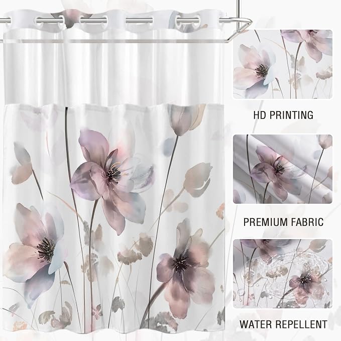 No Hook Shower Curtain and Liner Set, Pink Boho Floral 71x74 | Watercolor Boho Flower, with Snap in Liner, Waterproof, Machine Washable, Quick-Drying, for Hotel Bathroom