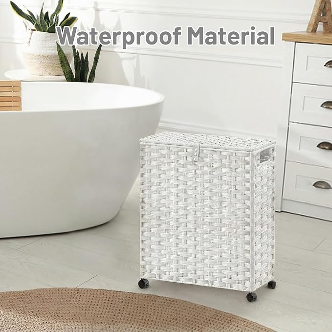 Hiagnete Toilet Paper Storage Basket with Lid and Wheels, Rattan Toilet Paper Holder Storage, Toilet Paper Organizer for Bathroom, Bedroom, Kitchen, 19.7”L x 7.9”W x 24.62”H, White
