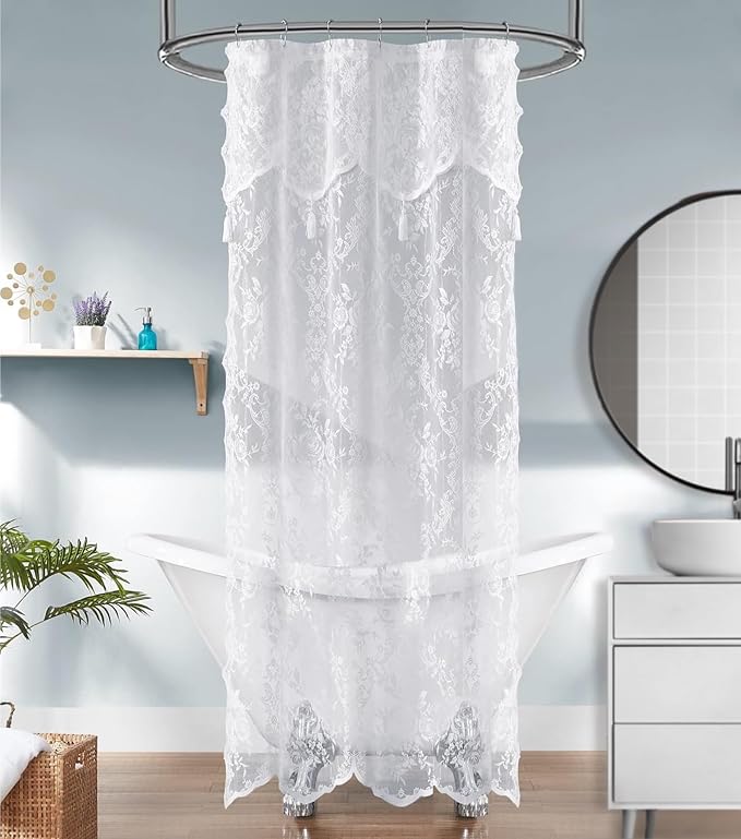 Warm Home Designs White Stall Shower Curtain with Valance. LA White 36 | Small White Shower Curtain 36 x 72 Inches with Attached Valance & Tassels. Luxury Lace Stall Shower Curtain for Bathroom.