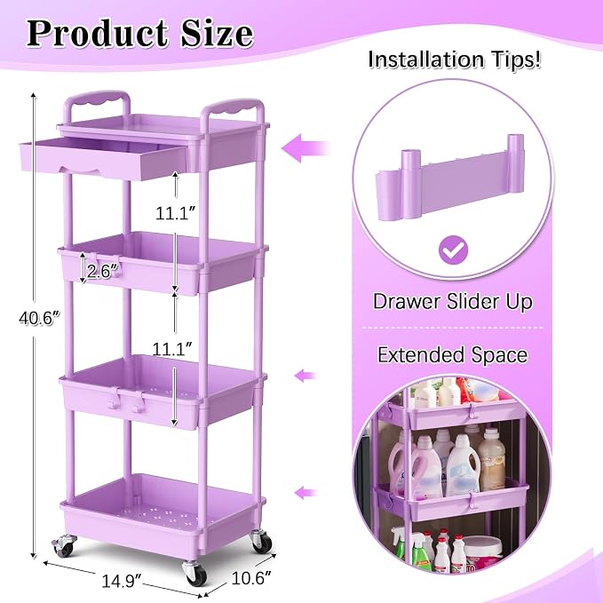 SUNALLY 4 Tier Rolling Cart with Drawer,Craft Storage Cart Organizer,Purple | Bathroom Storage Organizer with 2 Lockable Wheels, Rolling Utility Cart for Kitchen, Office, Baby, Makeup, Nail,Snack,Laundry