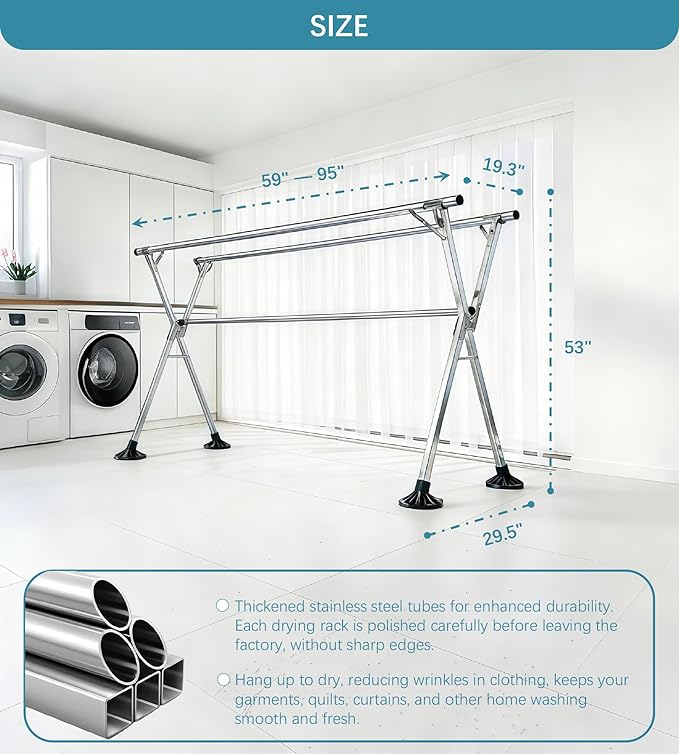 95 Inch Windproof Stainless Steel Folding Clothes Drying Rack | Heavy-Duty Collapsible Laundry Drying Rack for Indoor and Outdoor Use, Clothes Rack with 20 Hooks & 12 Clips
