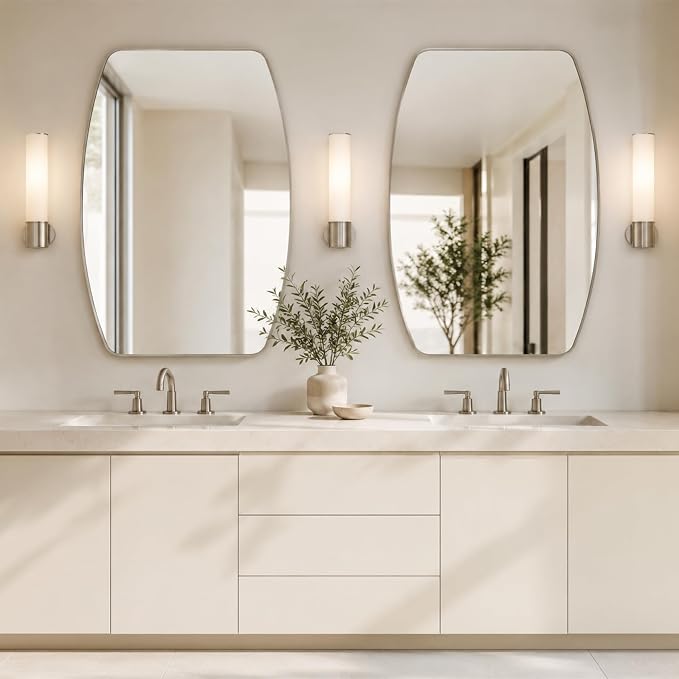 Brushed Nickel Curved Rectangle Bathroom Mirror, 24x36 Inch | Aluminum alloy frame, tempered glass, two-way keyhole mount, for bedroom, dresser, hallway