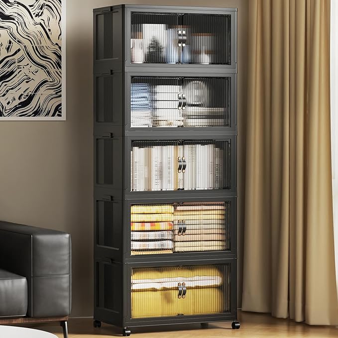 SAILUN 325Qt Stackable Storage Bins,Storage Cabinet with a Lid,5 Pack Black | Stackable Storage Drawers with Lids,22" W x 13" D x 62" H,Featuring open-front Access for Clothes and Closet Storage