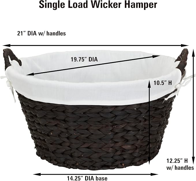 Household Essentials Round Wicker Laundry Basket with Handwoven Water Hyacinth, Metal Frame Support, and Removable Polyester Liner, Brown Finish and White