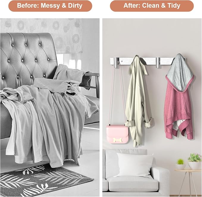 VAEHOLD 1PACK Hat and Coat Wall Mount Rack - 4 Hooks for Robes, Bags, Keys, and Towels - Bathroom Towel Hanger Organizer -Silvery