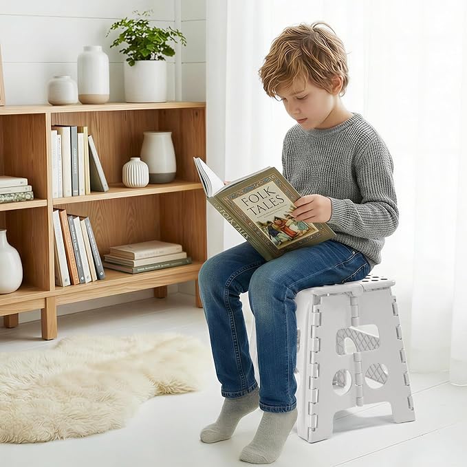 ACKO Folding Step Stool 13 Inch, Heavy Duty for Adults and Kids, White | Collapsible Foldable Stools, Non-Slip Surface Foot Stepping stool for Kitchen Bathroom Outdoor, Holds 300 lb, Built-in Handle