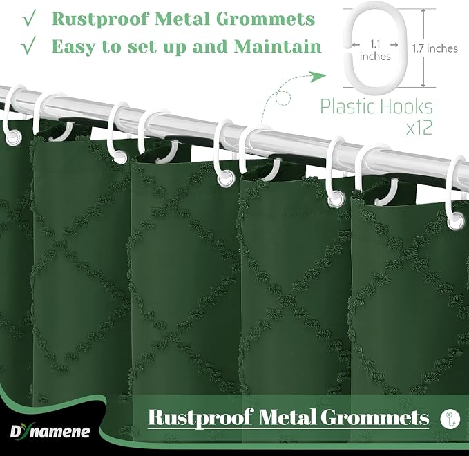 Extra Long Boho Shower Curtain Tufted Geometric 72"x96" Dark Green | 96 Inch Tall, Elegant Tassel, Lightweight Textured Fabric, Water Repellent, Washable, Hotel Spa, for Bathroom/Dorm 12 Hooks