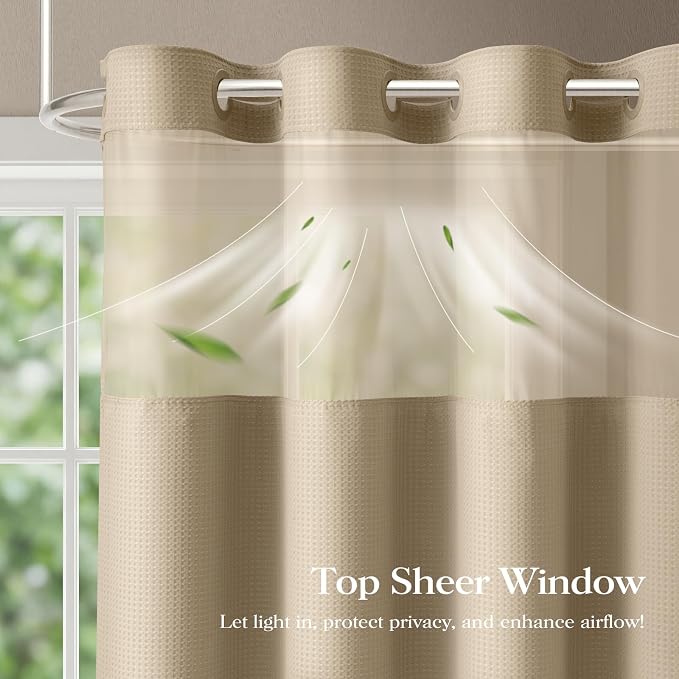 Beige Hook Free Waffle Shower Curtain & Snap-in Fabric Liner,72x75 | Less Time to install, 3 in 1 Fabric Shower Curtain and Liner Set with Magnets, Mesh Top Window, Shower Curtains for Bathroom