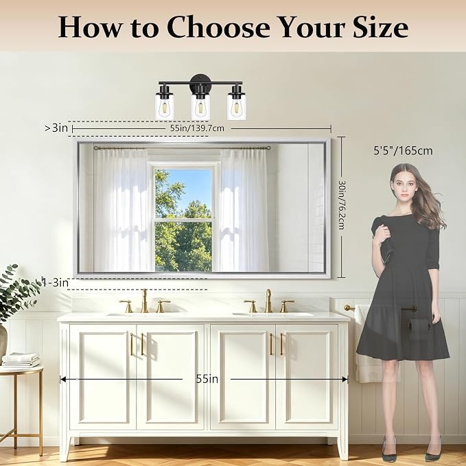 COFENY Bathroom Mirror, 30x55 Brushed Silver Rectangle Mirrors, Thickened Deep Metal Frame Bathroom Vanity Mirrors for Over Sink, Bedroom, Entryway, HD Tempered Glass, Horizontally or Vertically