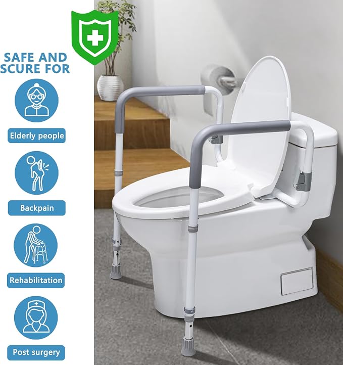 Toilet Safety Rail for Seniors, Height & Width Adjustable Handles | 350 Lbs Capacity, Bathroom Toilet Safety Frame, Stand Alone Grab Bar for Elderly, Handicap & Disabled, Fits Most Toilets