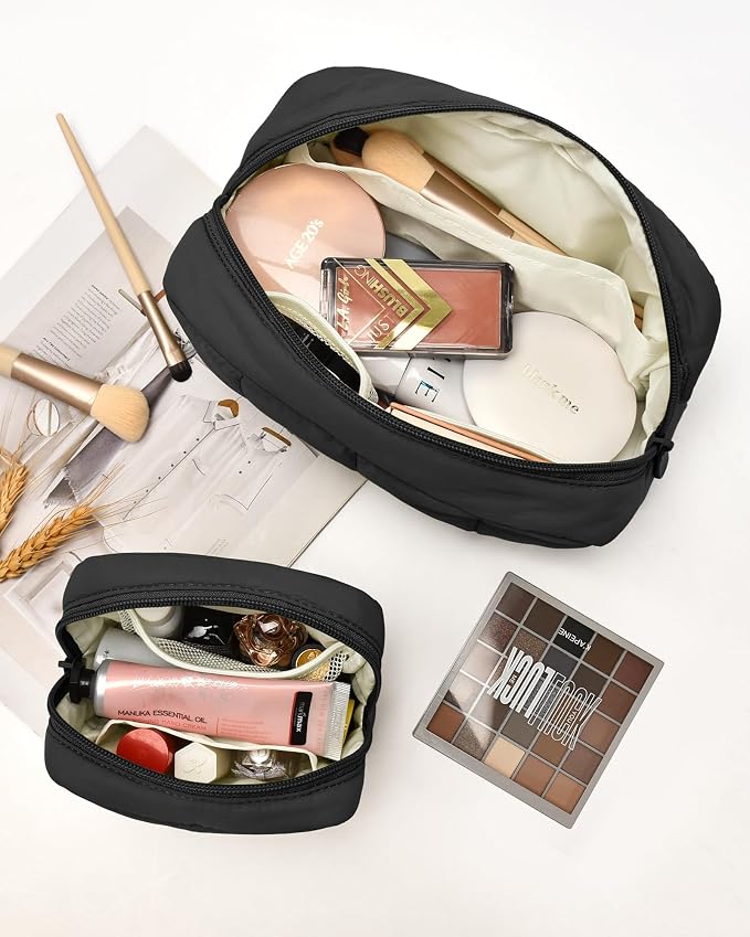 2 Pcs Makeup Bag Travel Toiletry Bag for Women Puffy Padded Cosmetic Pouch Purse Wide-open Makeup Organizer Case Travel Essentials