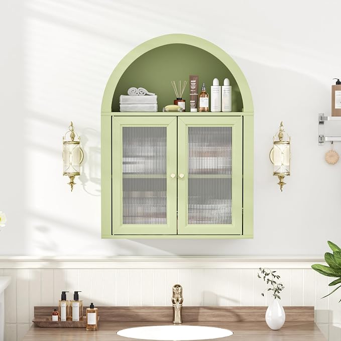 Medicine Cabinet with Arched Top, Bathroom Wall Cabinet Over Toilet with Wave Pattern Tempered Glass Doors and Removable Shelf, Arch Hanging Cabinets for Kitchen, Living Room, Laundry Room, Green