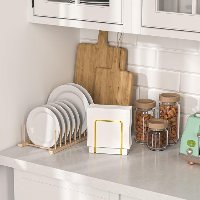 Wican Napkin Holder for Table, Bamboo Iron Standing Napkin Dispenser | Dining Table Farmhouse Cocktail Picnic Rustic Wood Holders, Suitable for All Kitchen Dining Room Decor, Gold & White
