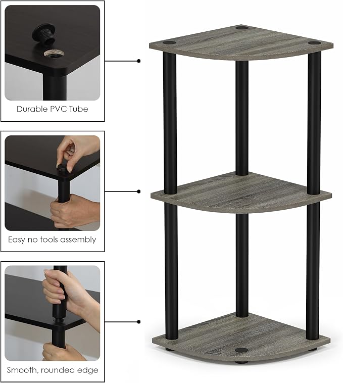 Furinno Turn-N-Tube Toolless Assembly 3-Tier Storage Shelves, French Oak | Grey Corner Shelf, Open Storage Book Shelf, for Organization and Storage, Living Room, Home Office, Bedroom