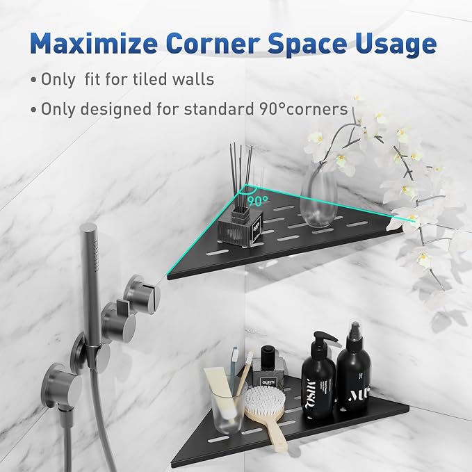 lives Corner Shower Shelves 2 Pack, 10" Black Corner Shelf for Bathroom, 304 Stainless Steel Grout in Bathroom Shower Shelf for Tiled Wall, Waterproof, Easy Install (Matte Black,10")