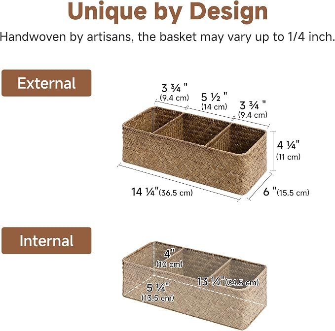 StorageWorks Toilet Paper Basket, 3-Section Toilet Tank Basket, Seagrass | Wicker Basket, Toilet Paper Storage for Back of Toilet Tank, Woven Baskets for Shelves, Wicker Baskets with 3 Compartments