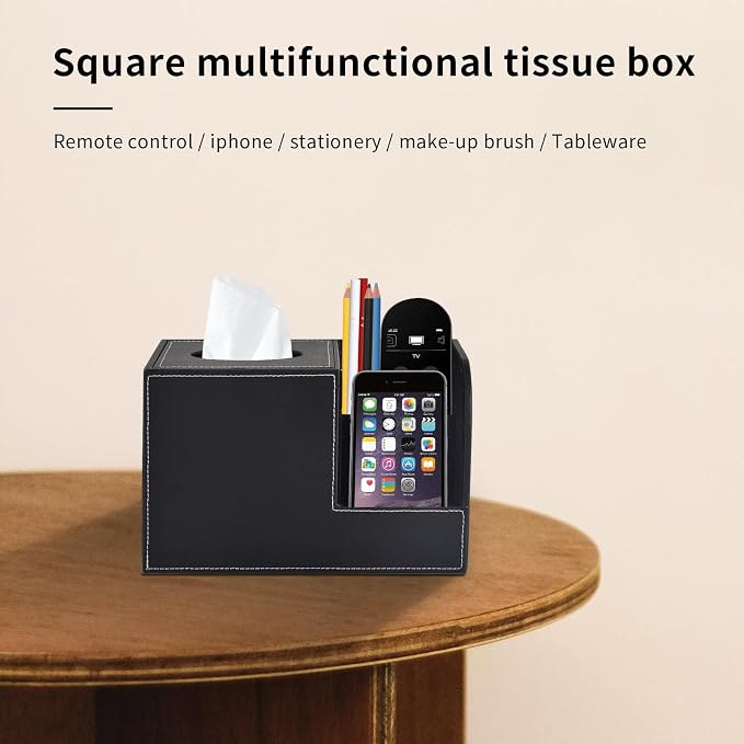 PU Leather Tissue Box Cover with Storage Square-Multifunctional Tissue Holder,Remote Control Holder,Decorative Tissues Boxes Organizer,Home Office Desktop Storage box,Black