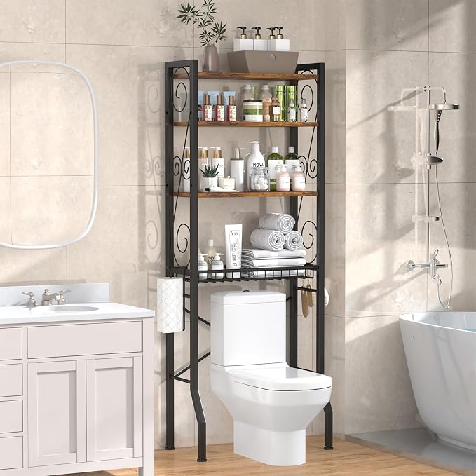 Aduanbang 4 Tier Over The Toilet Storage Rack, Bathroom Organizer Shelf with Basket, Adjustable Shelves, Freestanding Space Saver for Small Bathrooms
