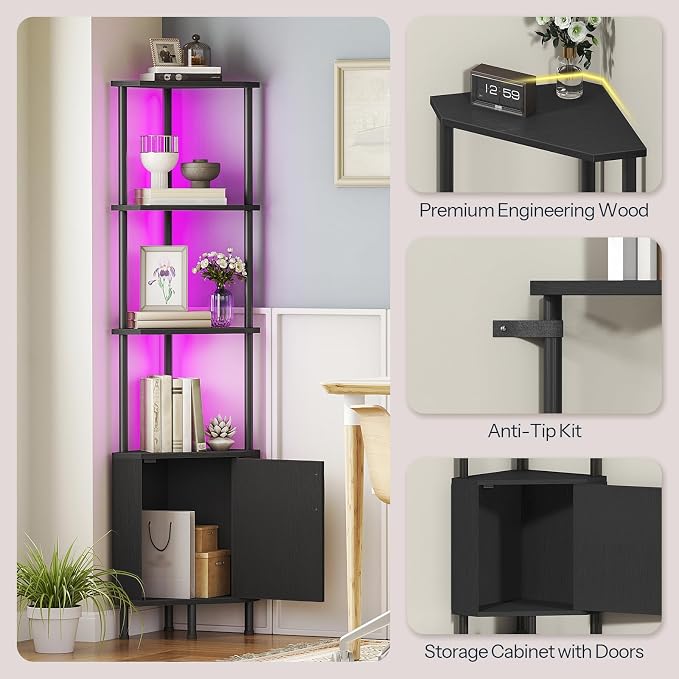 HOOBRO Corner Cabinet with LED Light, Corner Shelf Stand with Storage and Doors, 5-Tier Industrial Corner Bookshelf, 59” Tall Display Rack Shelf, for Living Room, Kitchen, Black BB147DCJ01