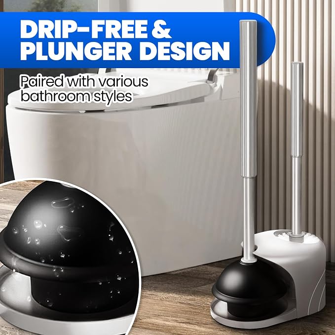 4in1 Toilet Plunger and Brush Set - Home Bathroom Cleaning Tools | 21", Groove Gap Brush, Cleaning Gloves, Heavy Duty Toilet Bowl Cleaner, Apartment Must Haves Bathroom Decor, Dark Grey