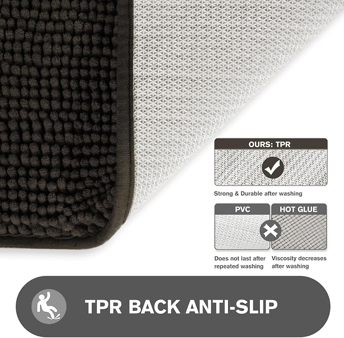 Chocolate Brown Bathroom Rugs – Absorbent and Washable Bath Mat, Non-Slip, Thick Soft Chenille Bath Rugs for Bathroom Floor, Shower, Sink - 17" x 24"