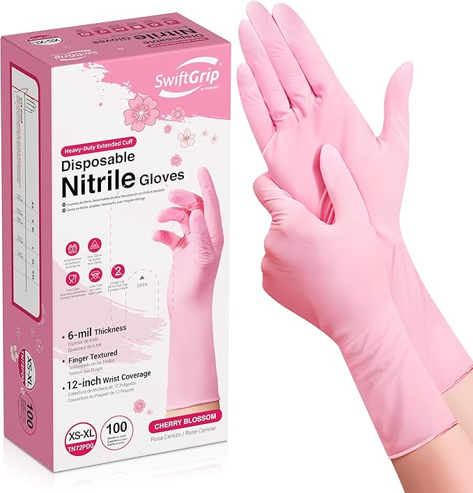 SwiftGrip Disposable Nitrile Dishwashing Gloves, Extended 12 Inches Cuff, 6-mil, Cherry Blossom Cleaning Gloves, Latex-Free