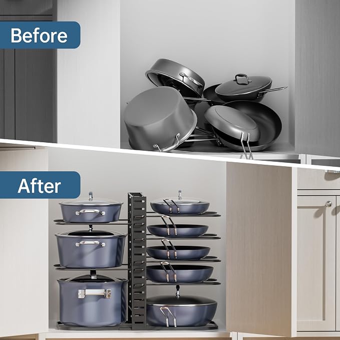 Pots and Pans Organizer Under Cabinet 14.6", 8-Tier Adjustable Rack | 3 DIY Modes, Tool-Free Assembly, Fits 6–11" Lightweight Cookware, For Kitchen Cabinets, Shelves & Countertops Pot Organizer