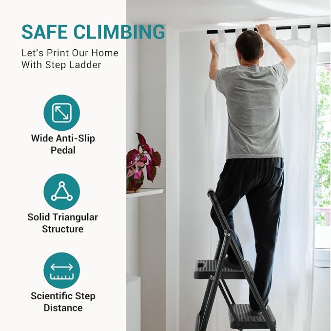 OLIXIS 2 Step Ladder, 800lbs Foldable Step Stool with Anti-Slip Pedal | Heavy Duty Portable Stepping Stool with Sturdy Steel Ladder & Comfortable Handrail, for Kitchen, Garage, Outdoor Use - Black