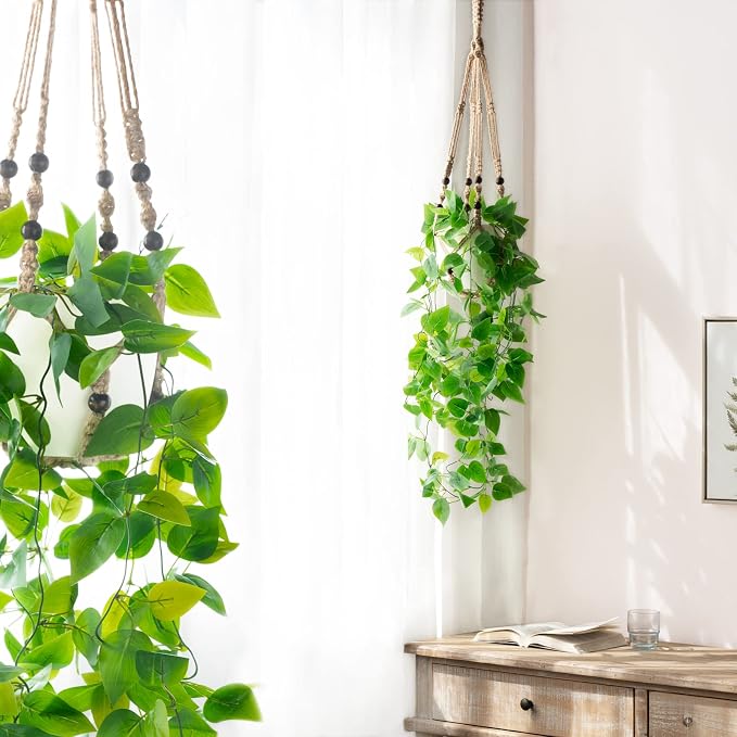 Mkono Fake Hanging Plant, Macrame Hanger with Pothos Vines & Pot, Brown | Artificial Hanging Plants for Home Decor Indoor, Realistic Look, Perfect for Bedroom Bathroom Kitchen Office Boho Display