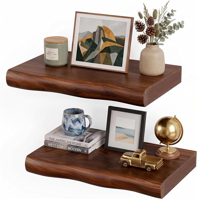 Walnut Finish Floating Shelves with Hidden Bracket, Organic Wavy Edge Wall Shelves, Jointed Solid Pine Construction,Rustic Wall Decor for Living Room & Bathroom (Set of 2-12"