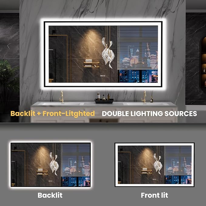 LOAAO 77"X36" LED Bathroom Mirror Black Framed | Anti-Fog, Dimmable, Memory Function, Tempered Glass, Lighted Vanity Mirror for Wall