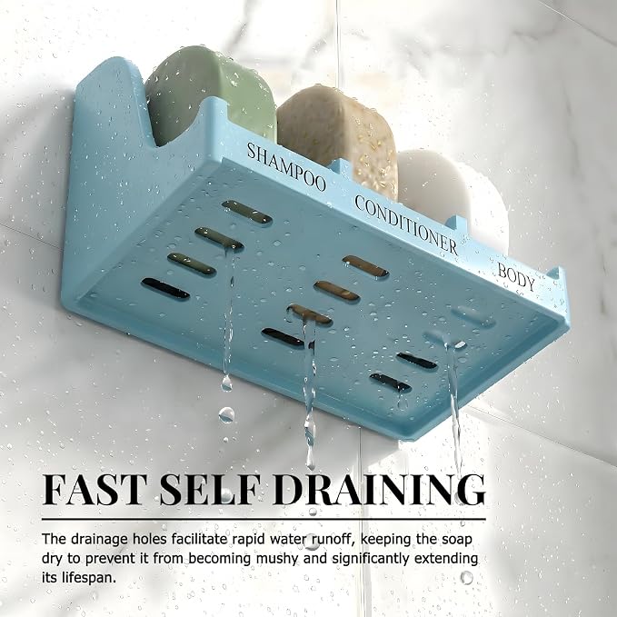 Soap Holder for Shower Wall, 3-Compartment Soap Dish for Shampoo, Conditioner and Body Soap, Fast Draining & Rust-Proof & Heavy Duty, Ultra-Strong Adhesive for Long-Term Bathroom Use & Freestanding