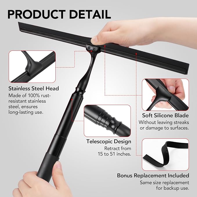 Shower Squeegee for Glass Doors, Telescopic Squeegee for Window Cleaning | 15-51" Shower Squeegee with Long Handle, Extendable Window Cleaner Tool for Tile Walls, Sliding Door, Floor, Car Windshield