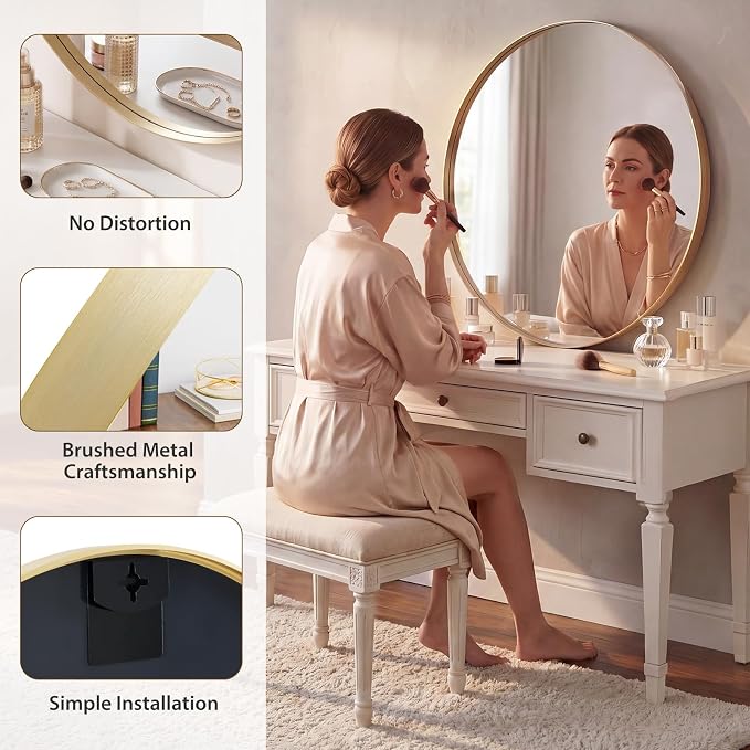 Sweetcrispy 30 Inch Round Bathroom Wall Mirror, Circle Vanity Mirror | for Bathroom Sink, Matte Metal Frame, Home Decor Living Room, Bedroom Hang Mount, Gold